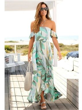 Lascana Off-Shoulder Green Tropical Bohemian Print Maxi Dress Size Large